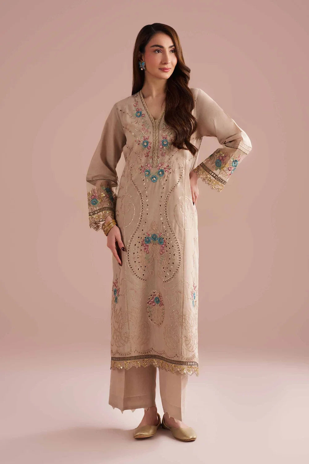 Nishat Linen 2-Piece Embroidered Festive Suit – Soft Beige & Multi