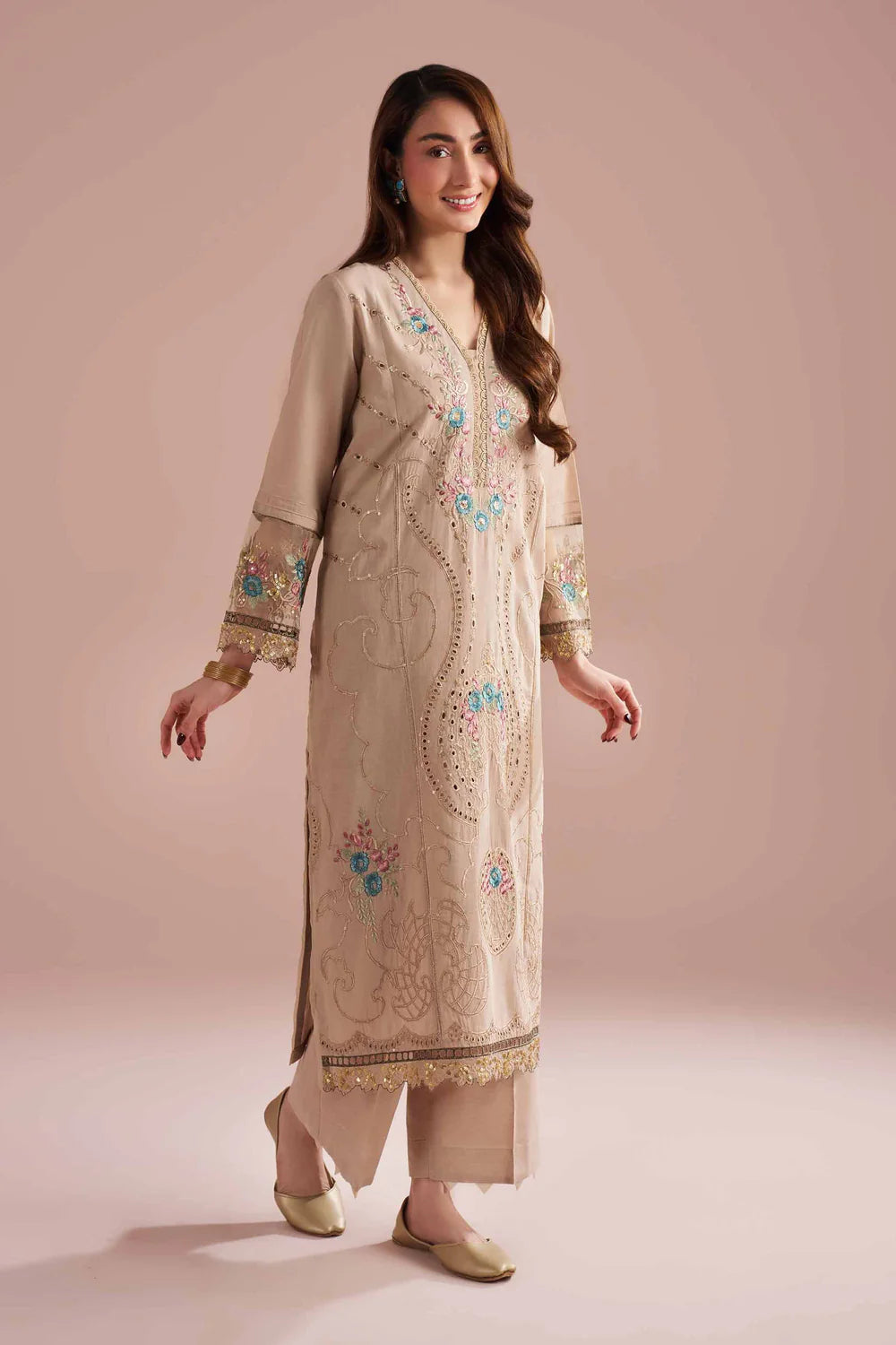 Nishat Linen 2-Piece Embroidered Festive Suit – Soft Beige & Multi