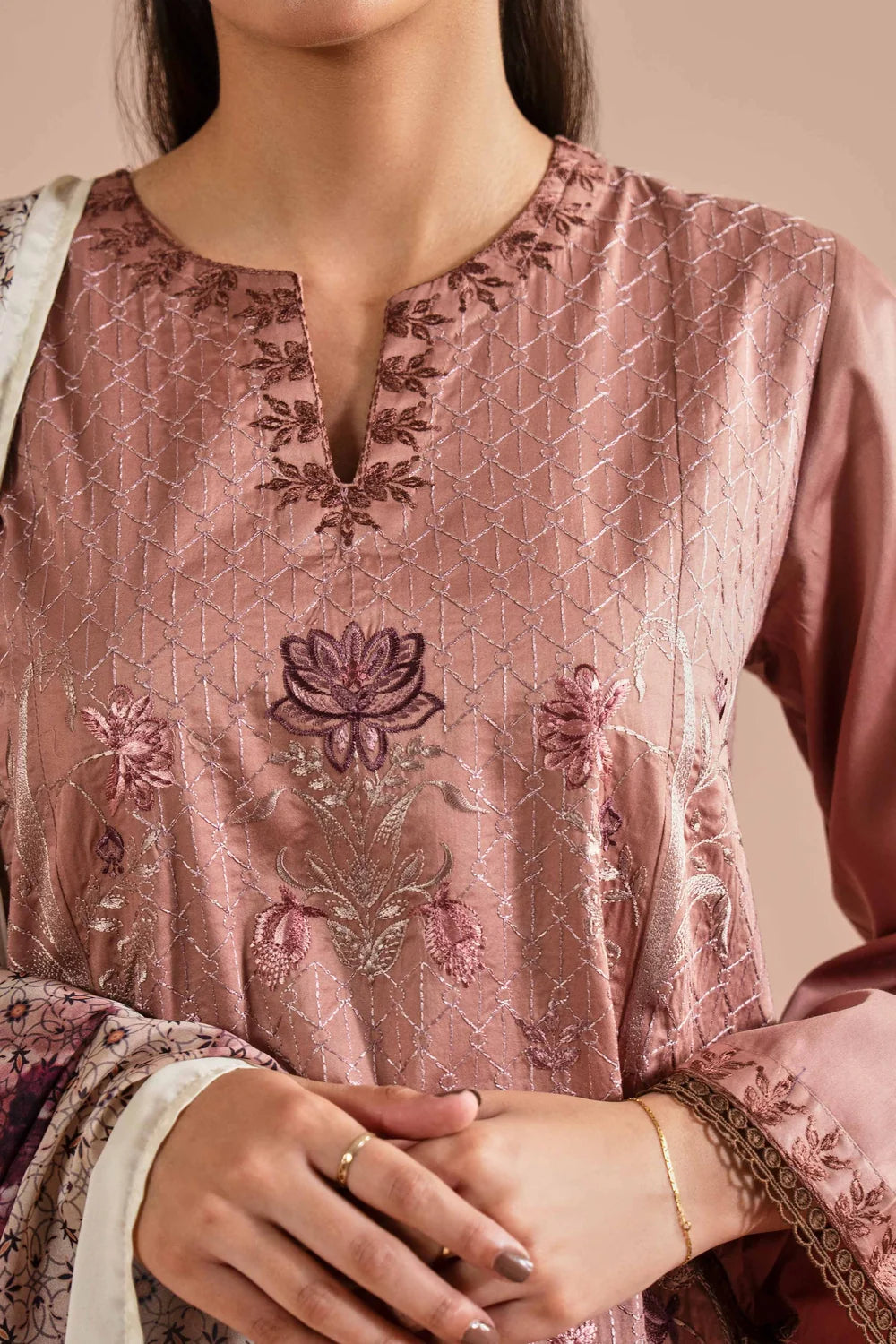 Nishat Linen 3-Piece Embroidered Cross Hatch Suit – Tea Pink