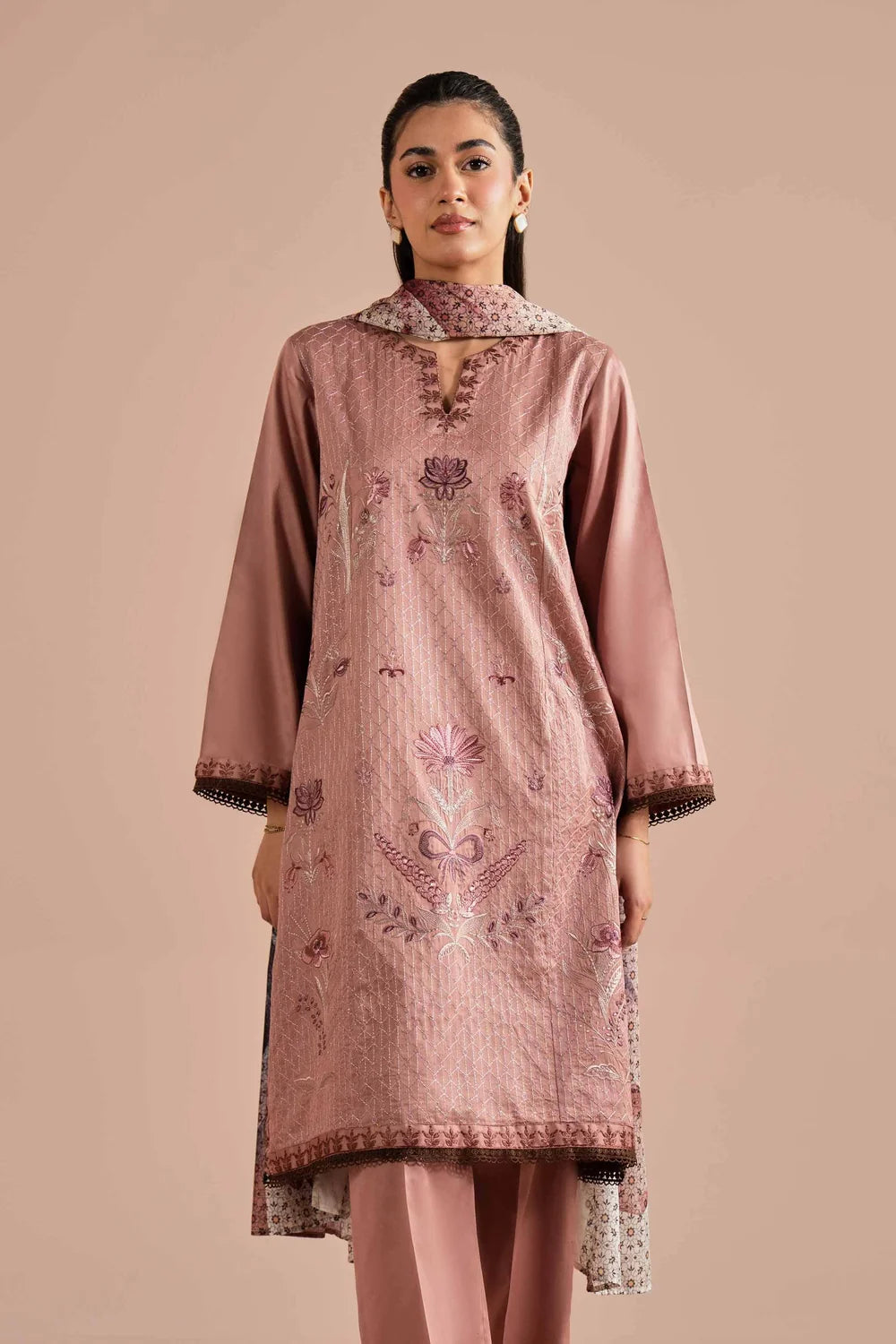 Nishat Linen 3-Piece Embroidered Cross Hatch Suit – Tea Pink
