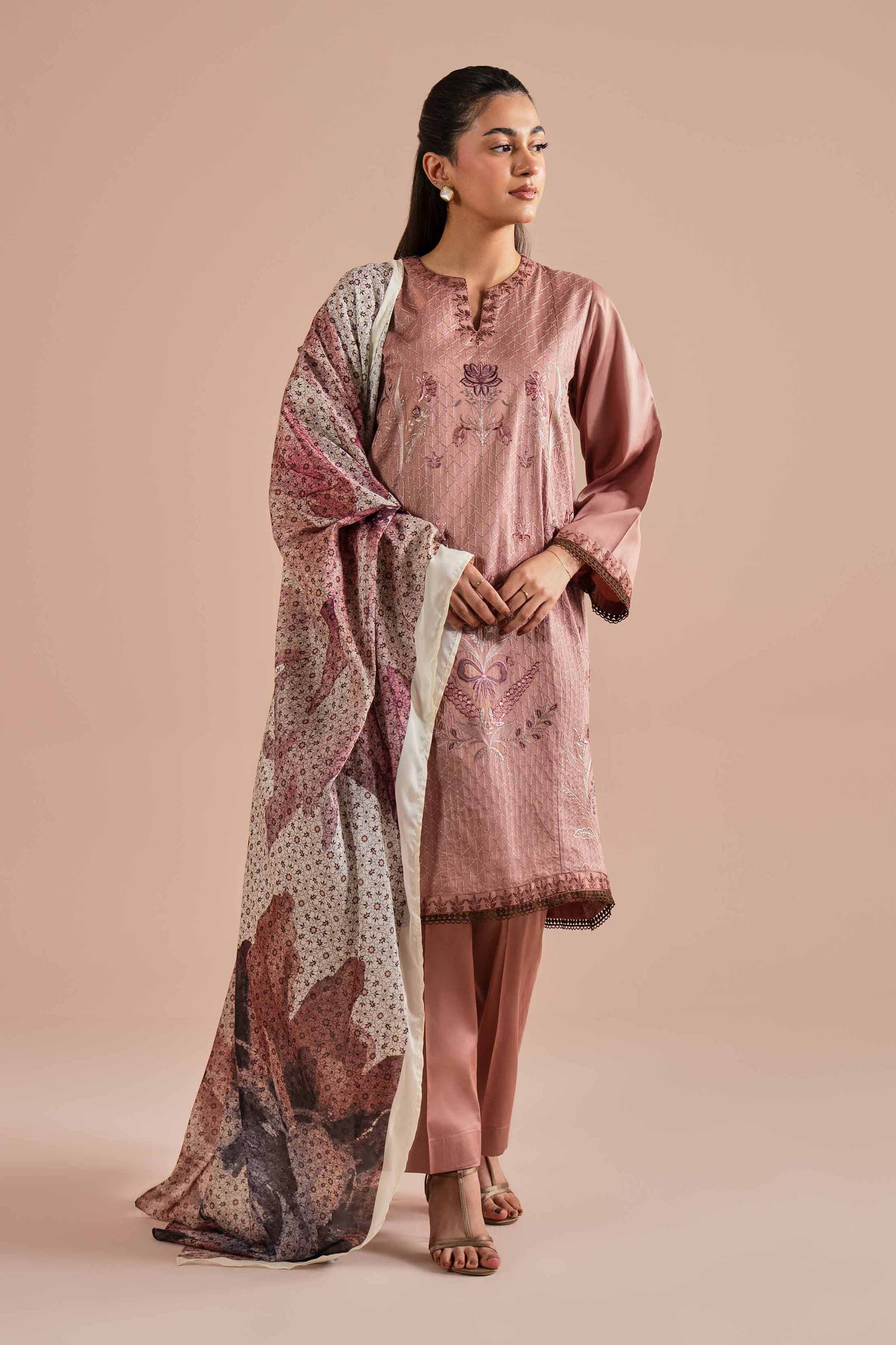 Nishat Linen 3-Piece Embroidered Cross Hatch Suit – Tea Pink