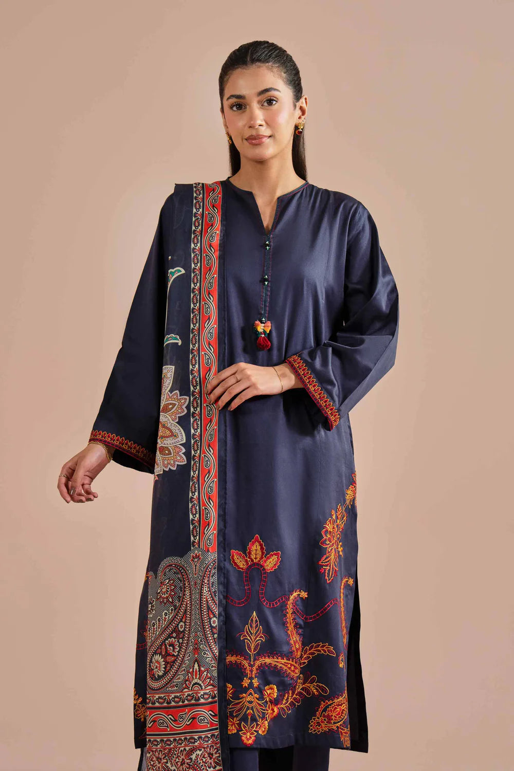 Nishat Linen 3-Piece Embroidered Cross Hatch Suit – Deep Navy
