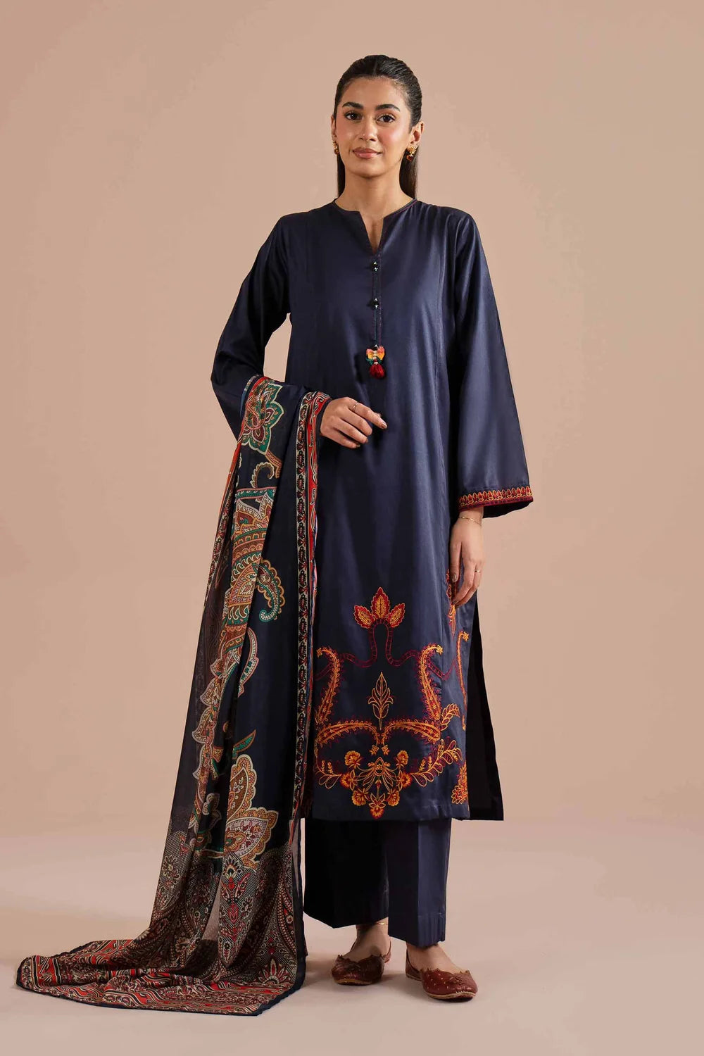 Nishat Linen 3-Piece Embroidered Cross Hatch Suit – Deep Navy