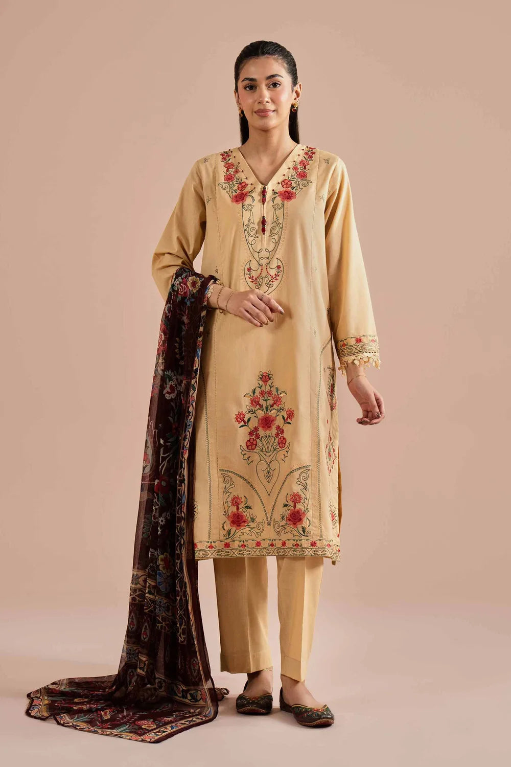 Nishat Linen Embroidered 3-Piece Lawn Suit – Muted Beige & Maroon
