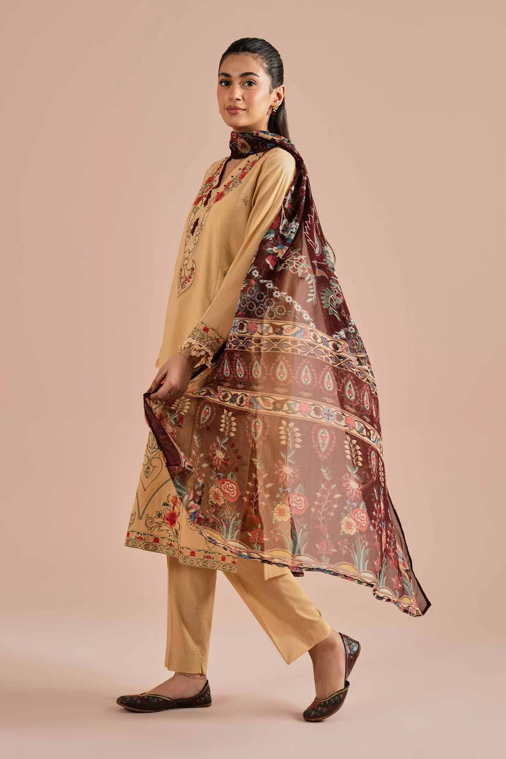 Nishat Linen Embroidered 3-Piece Lawn Suit – Muted Beige & Maroon