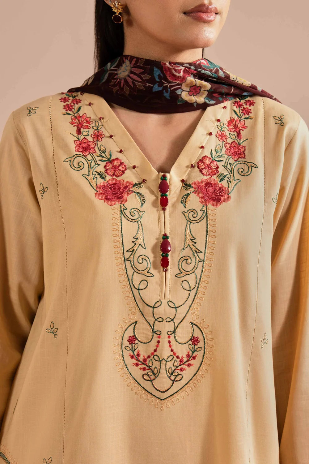 Nishat Linen Embroidered 3-Piece Lawn Suit – Muted Beige & Maroon