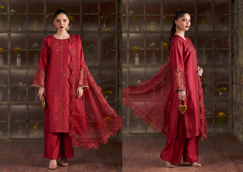 Zeenat Pret Silk Embroidered Stitched 3-Piece Suit - Deep Crimson Red