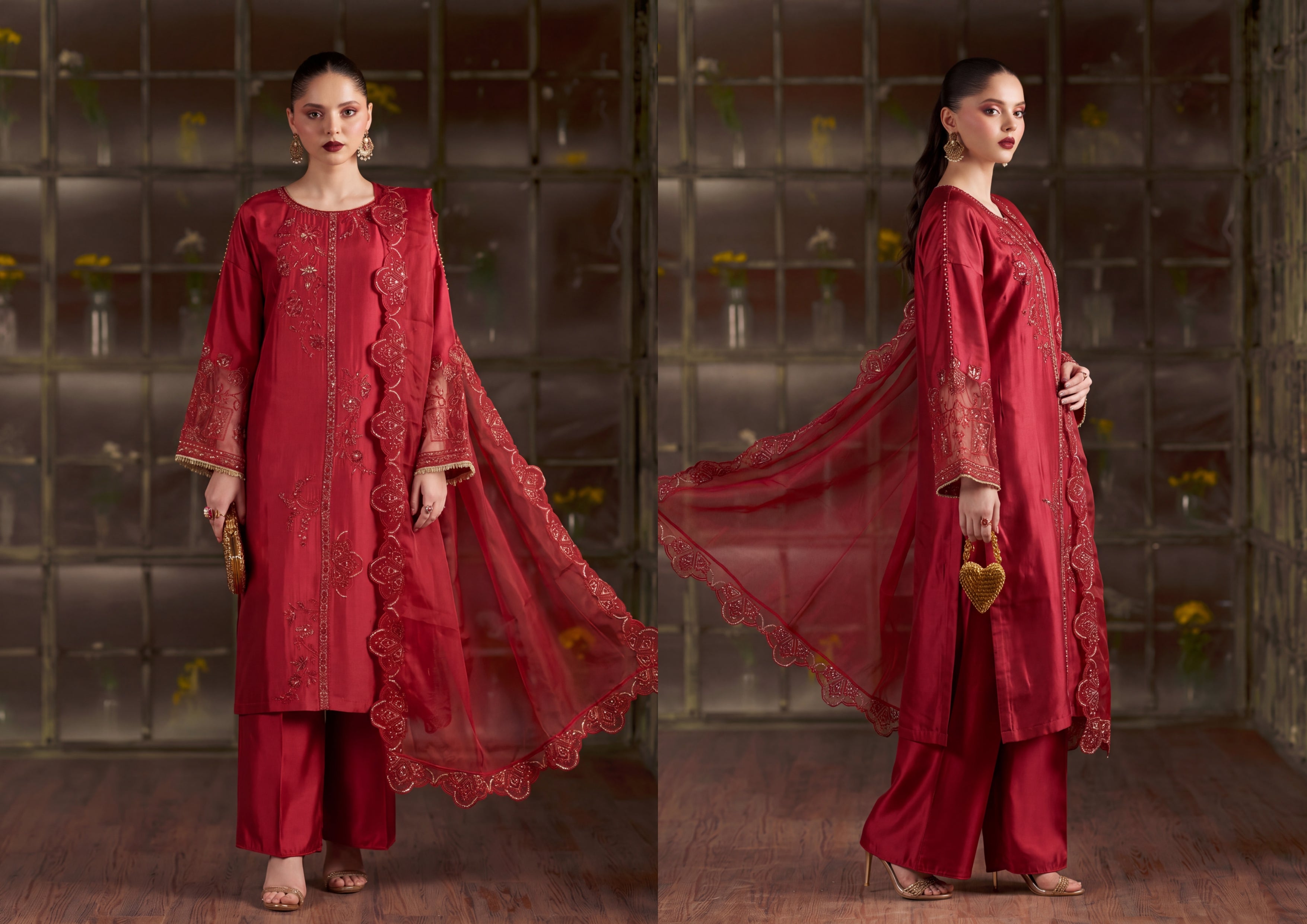 Zeenat Pret Silk Embroidered Stitched 3-Piece Suit - Deep Crimson Red
