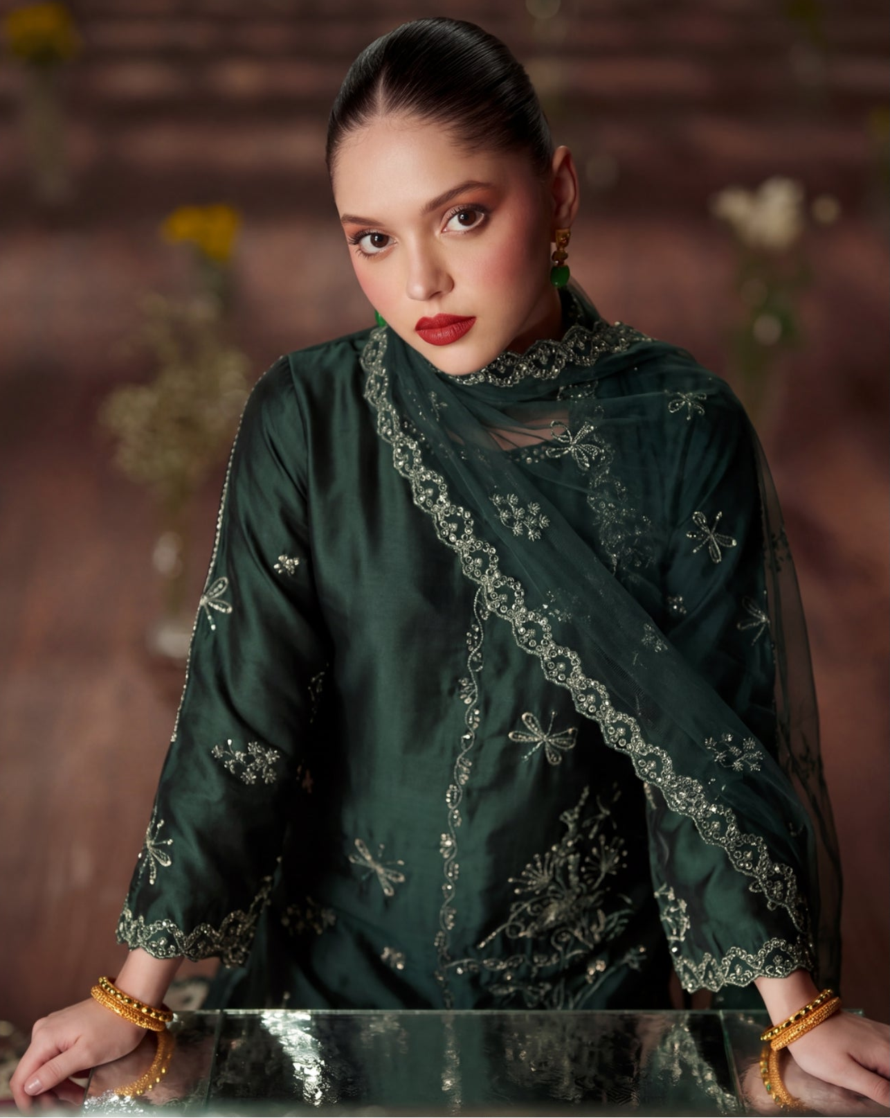 Zeenat Pret Silk Embroidered Stitched 3-Piece Suit - Emerald Green
