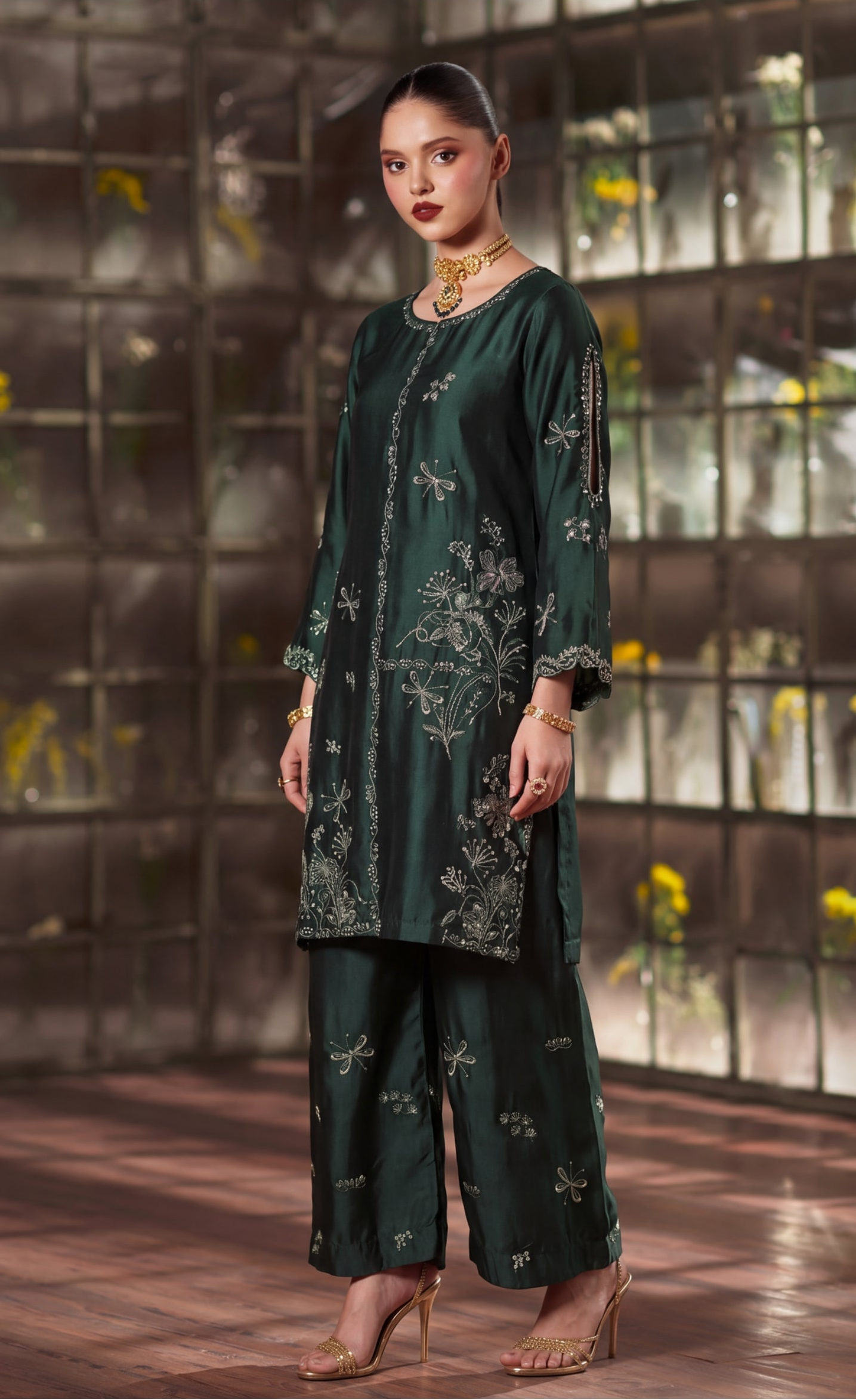 Zeenat Pret Silk Embroidered Stitched 3-Piece Suit - Emerald Green