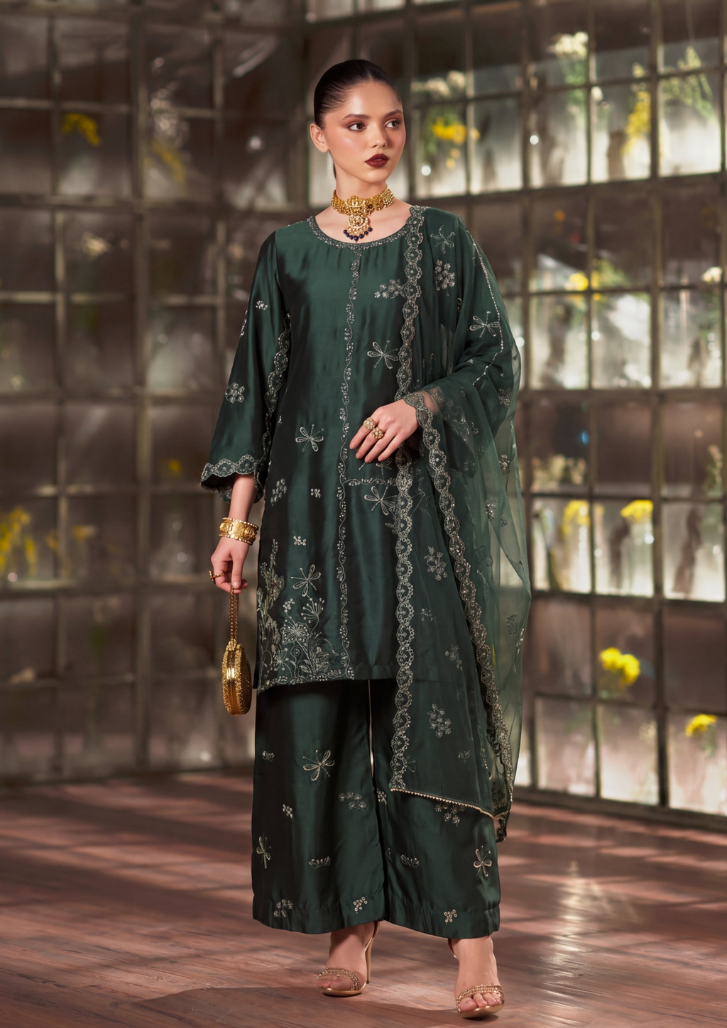 Zeenat Pret Silk Embroidered Stitched 3-Piece Suit - Emerald Green