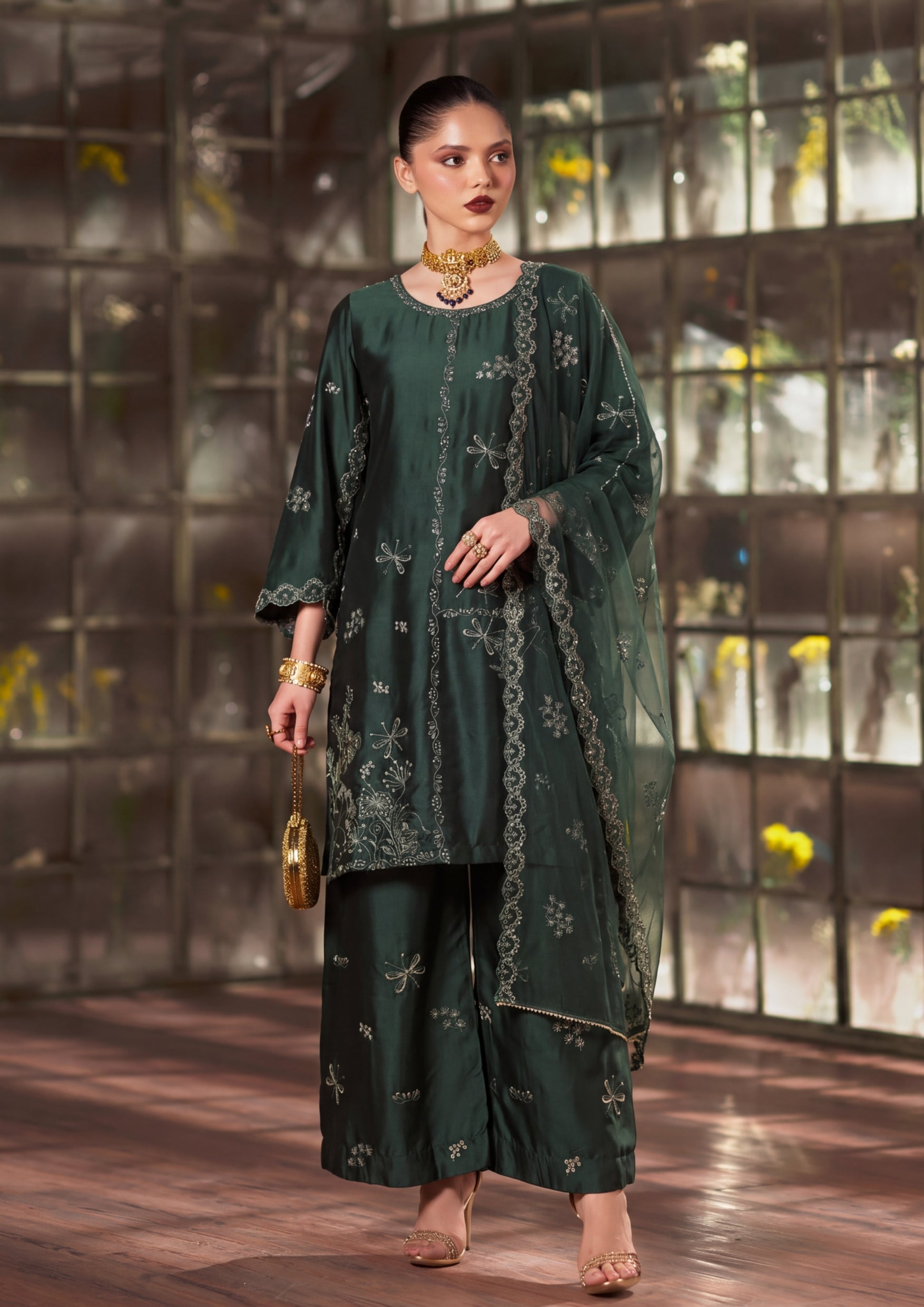 Zeenat Pret Silk Embroidered Stitched 3-Piece Suit - Emerald Green