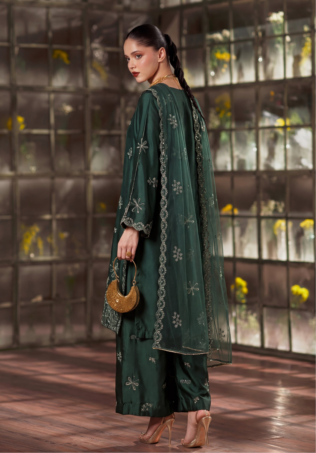 Zeenat Pret Silk Embroidered Stitched 3-Piece Suit - Emerald Green