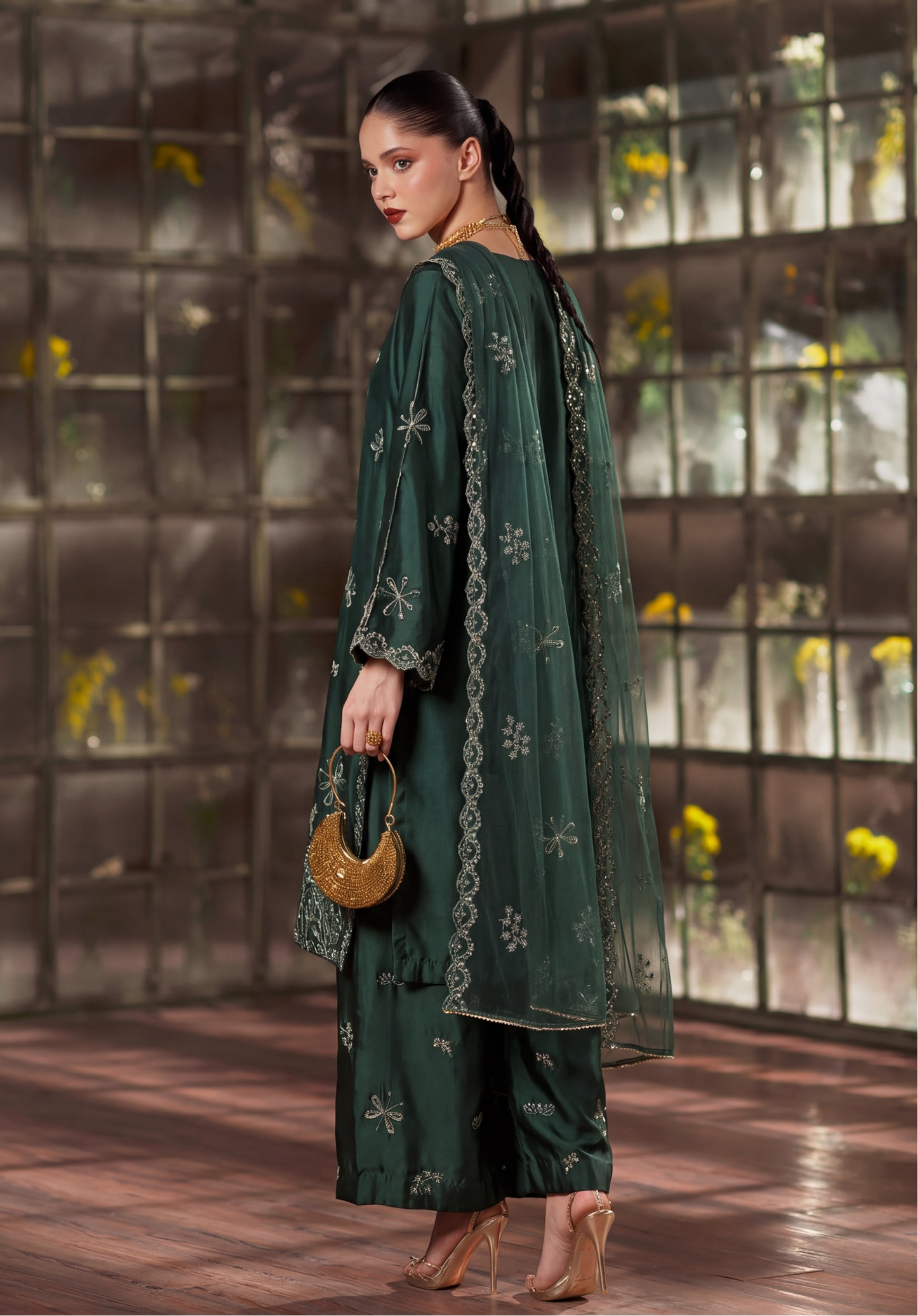 Zeenat Pret Silk Embroidered Stitched 3-Piece Suit - Emerald Green