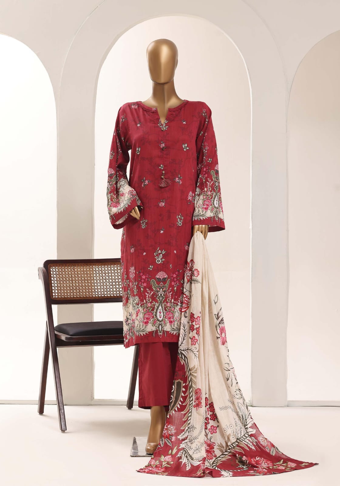 SADABAHAR Printed Lawn 3 Piece Ready-to-Wear Pakistani Suit – Maroon