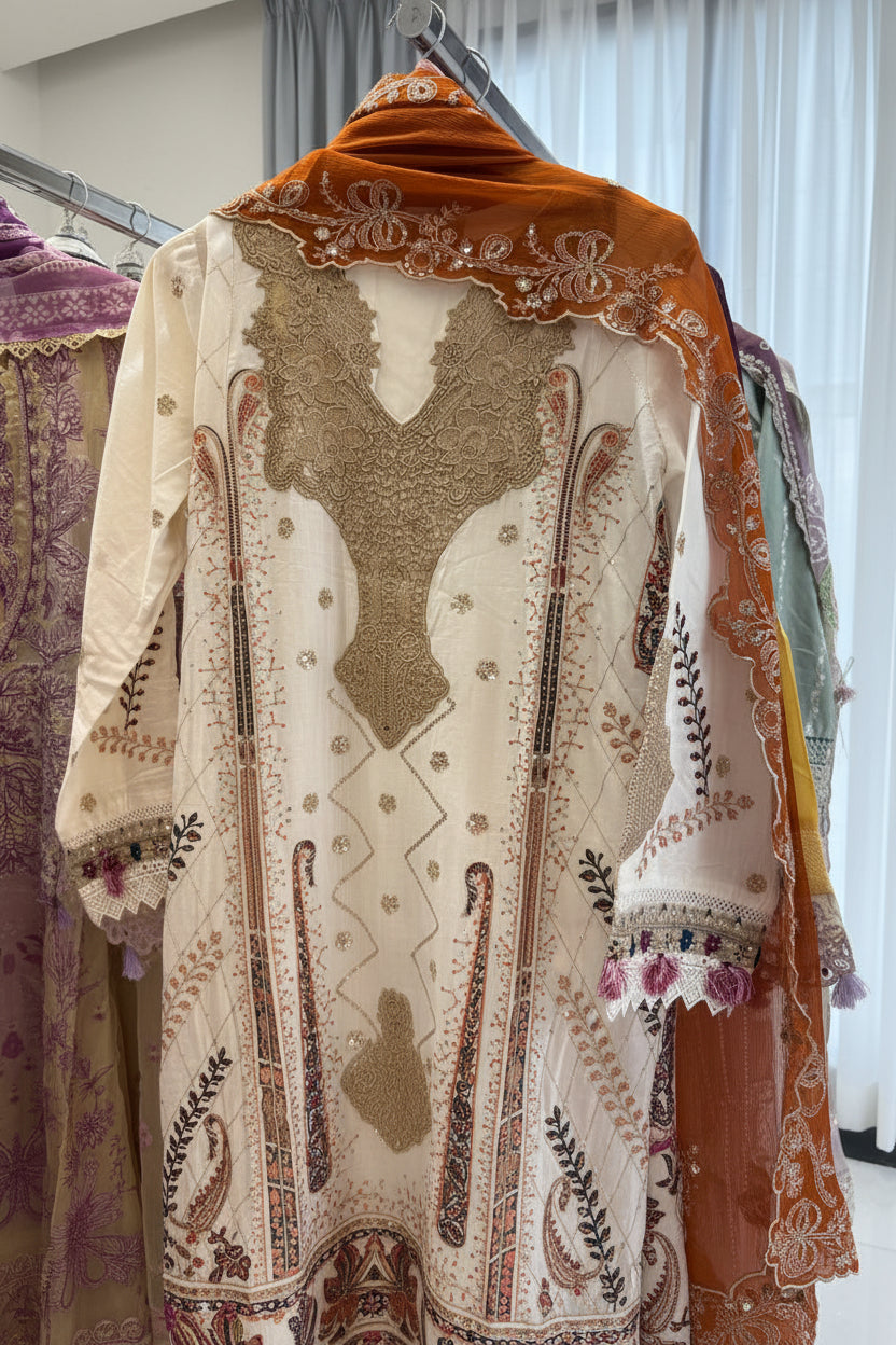 Shanshe LUMERE – Luxury Embroidered Lawn 3-Piece Ready-to-Wear Suit | Ivory Beige