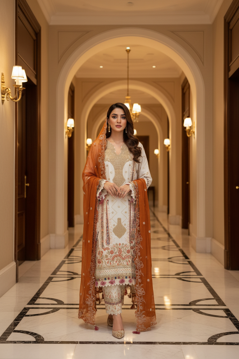 Shanshe LUMERE – Luxury Embroidered Lawn 3-Piece Ready-to-Wear Suit | Ivory Beige
