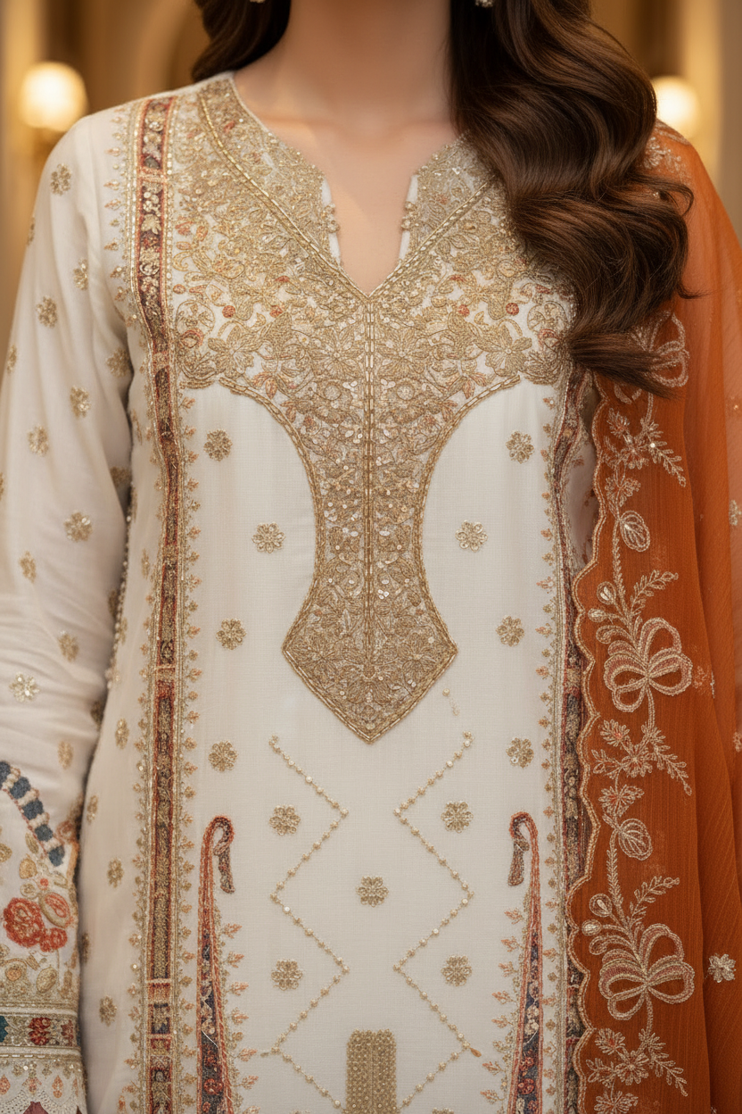 Shanshe LUMERE – Luxury Embroidered Lawn 3-Piece Ready-to-Wear Suit | Ivory Beige