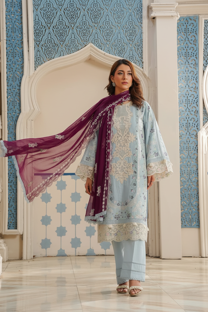 Shanshe LUMERE Full Embroidered Lawn 3-Piece Ready-to-Wear LIGHT BLUE Suit with Chiffon Dupatta
