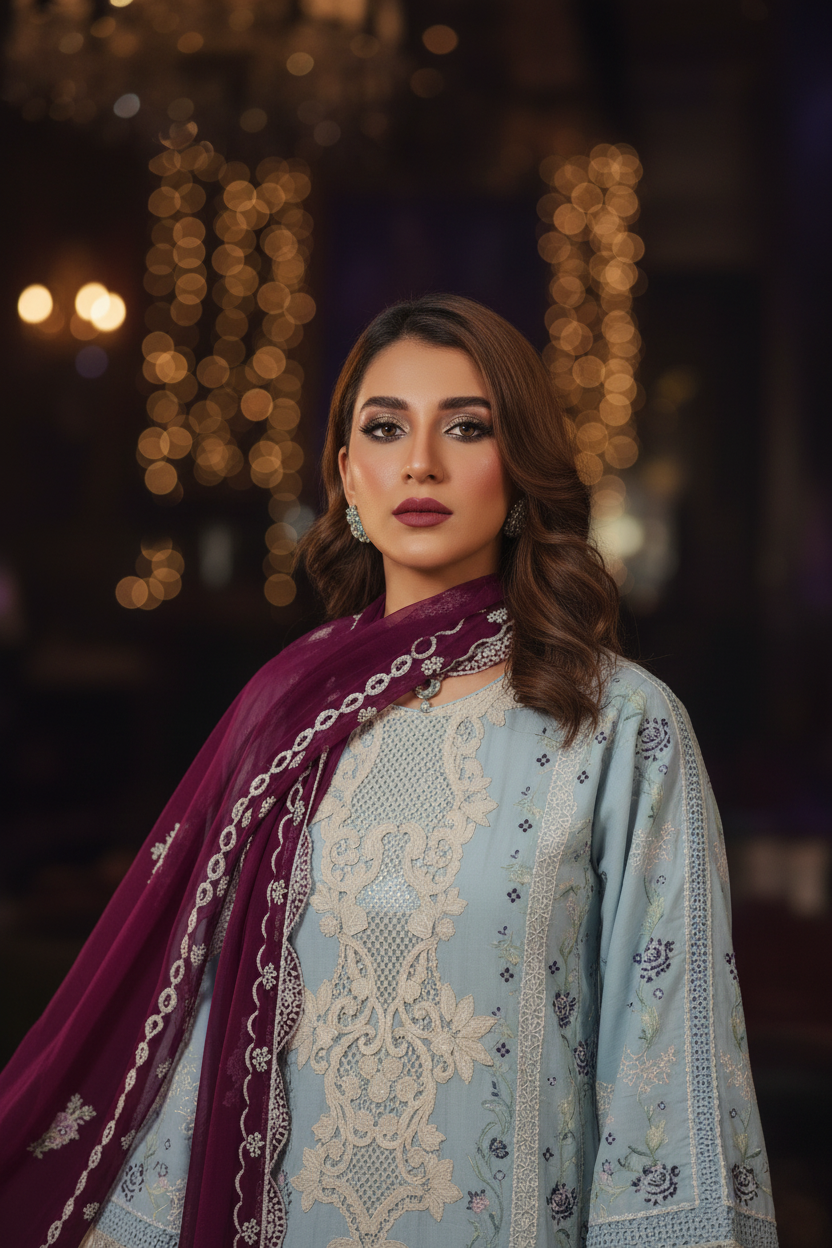 Shanshe LUMERE Full Embroidered Lawn 3-Piece Ready-to-Wear LIGHT BLUE Suit with Chiffon Dupatta