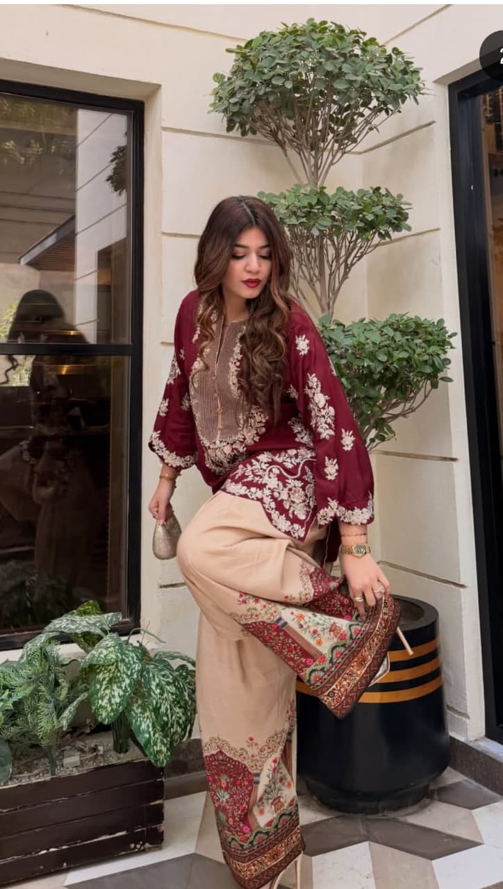Maroon embroidered kurta with printed trouser