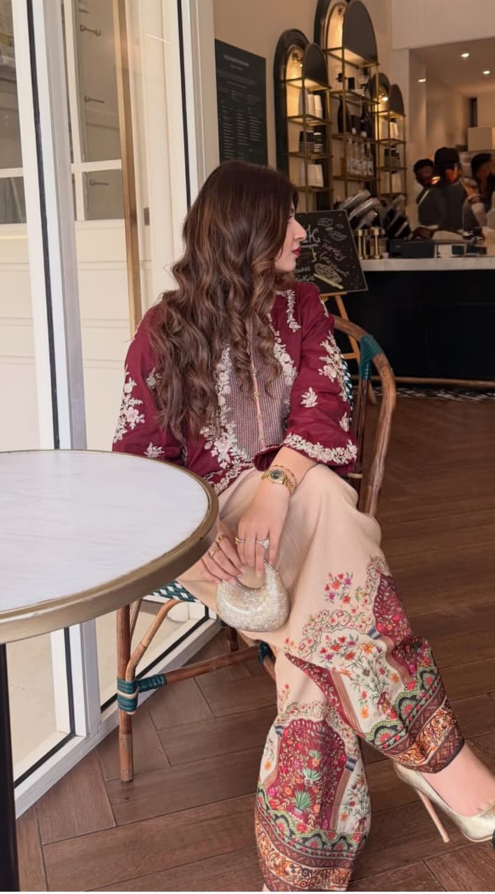 Maroon embroidered kurta with printed trouser