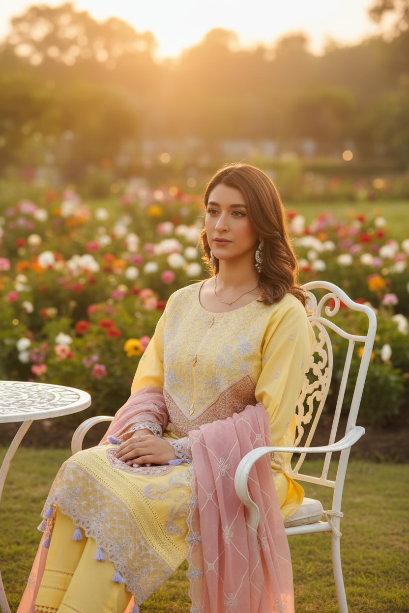 Shanshe LUMERE – Luxury Embroidered Lawn 3-Piece Ready-to-Wear Suit | Mustard Yellow
