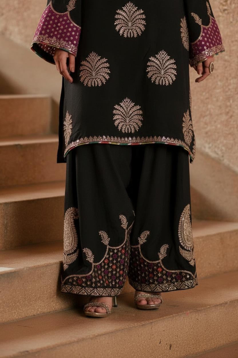 ETHNC Black Silk Embroidered 2-Piece Festive Suit with Magenta Panel & Shalwar