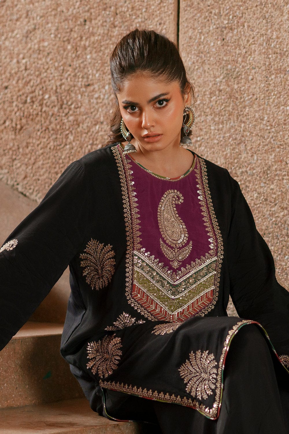 ETHNC Black Silk Embroidered 2-Piece Festive Suit with Magenta Panel & Shalwar