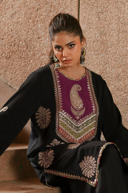 ETHNC Black Silk Embroidered 2-Piece Festive Suit with Magenta Panel & Shalwar