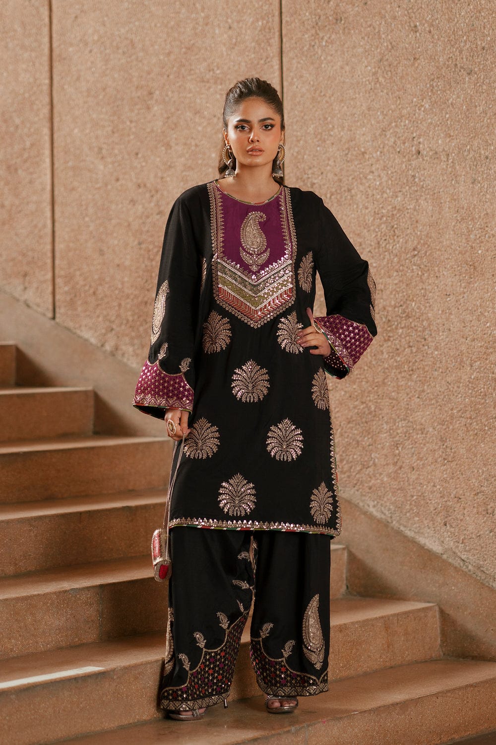 ETHNC Black Silk Embroidered 2-Piece Festive Suit with Magenta Panel & Shalwar