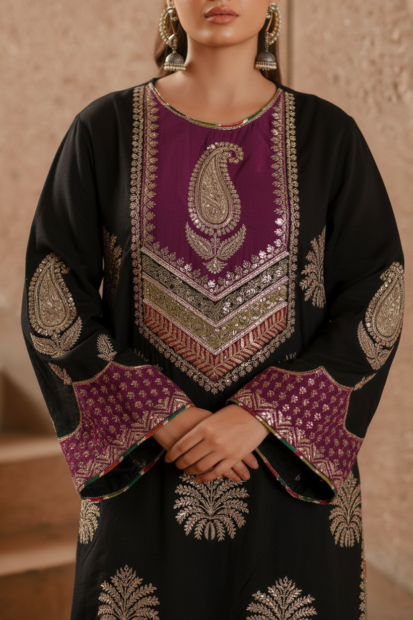 ETHNC Black Silk Embroidered 2-Piece Festive Suit with Magenta Panel & Shalwar