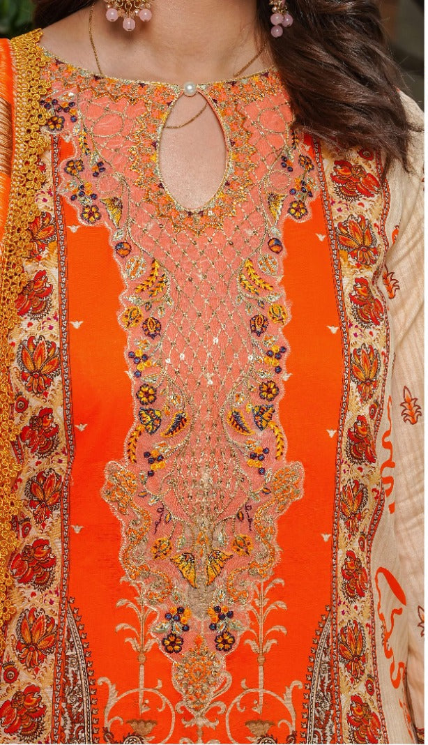 SHANSHE Monsoon Collection –  3-Piece Ready-to-Wear Suit Cream & Orange