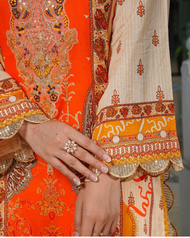 SHANSHE Monsoon Collection –  3-Piece Ready-to-Wear Suit Cream & Orange