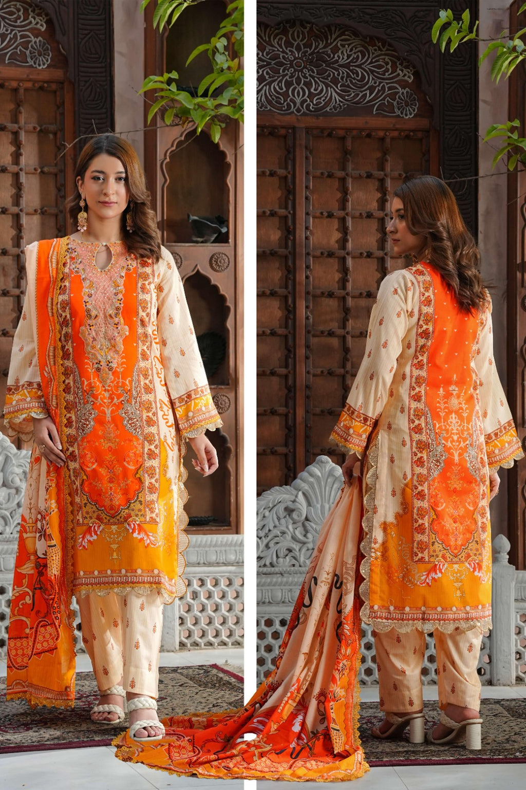 SHANSHE Monsoon Collection –  3-Piece Ready-to-Wear Suit Cream & Orange