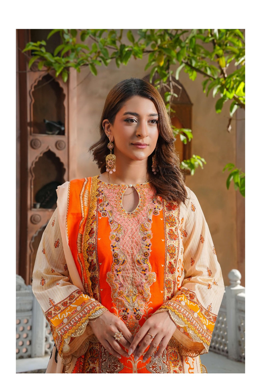 SHANSHE Monsoon Collection –  3-Piece Ready-to-Wear Suit Cream & Orange