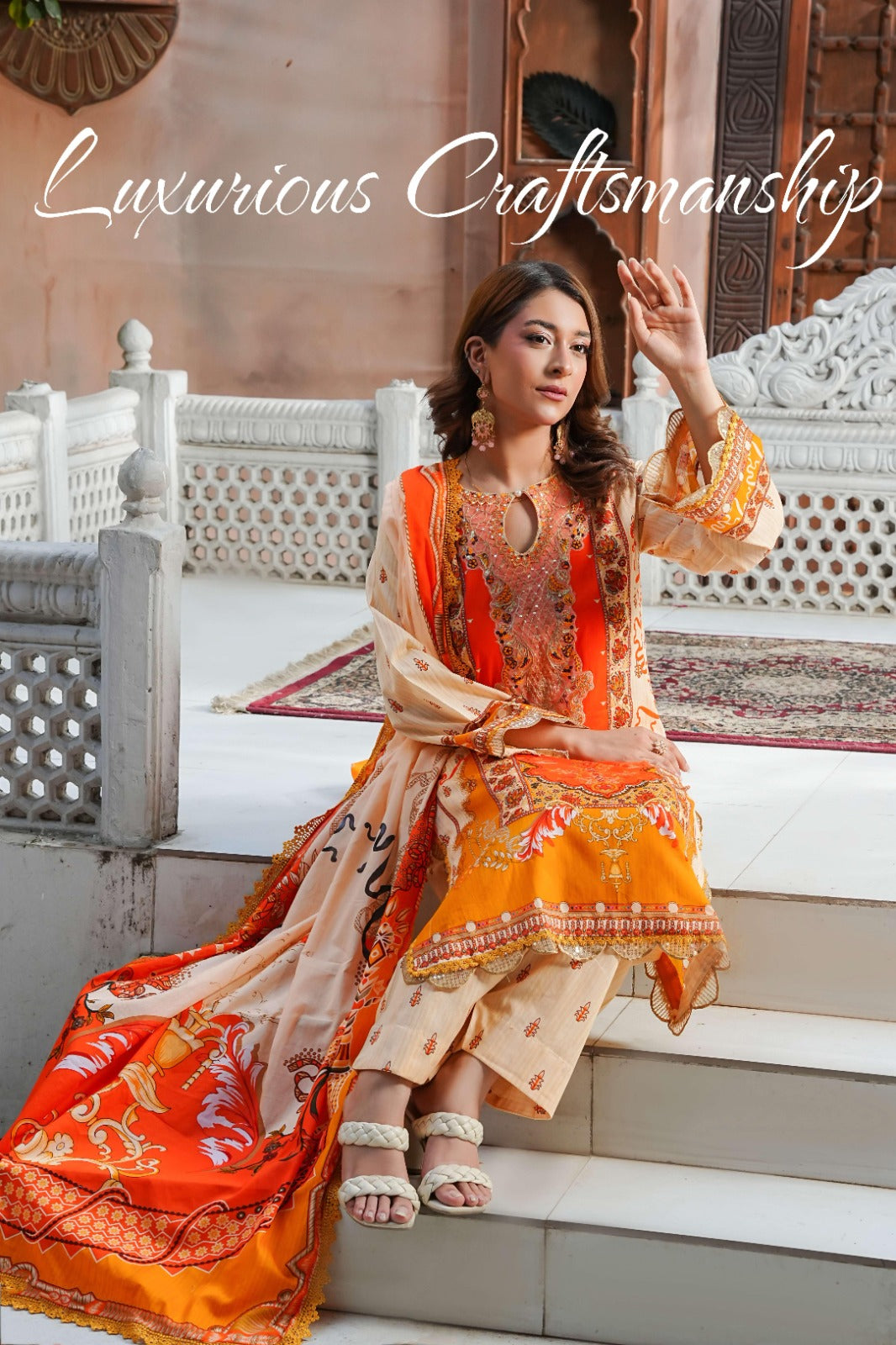SHANSHE Monsoon Collection –  3-Piece Ready-to-Wear Suit Cream & Orange