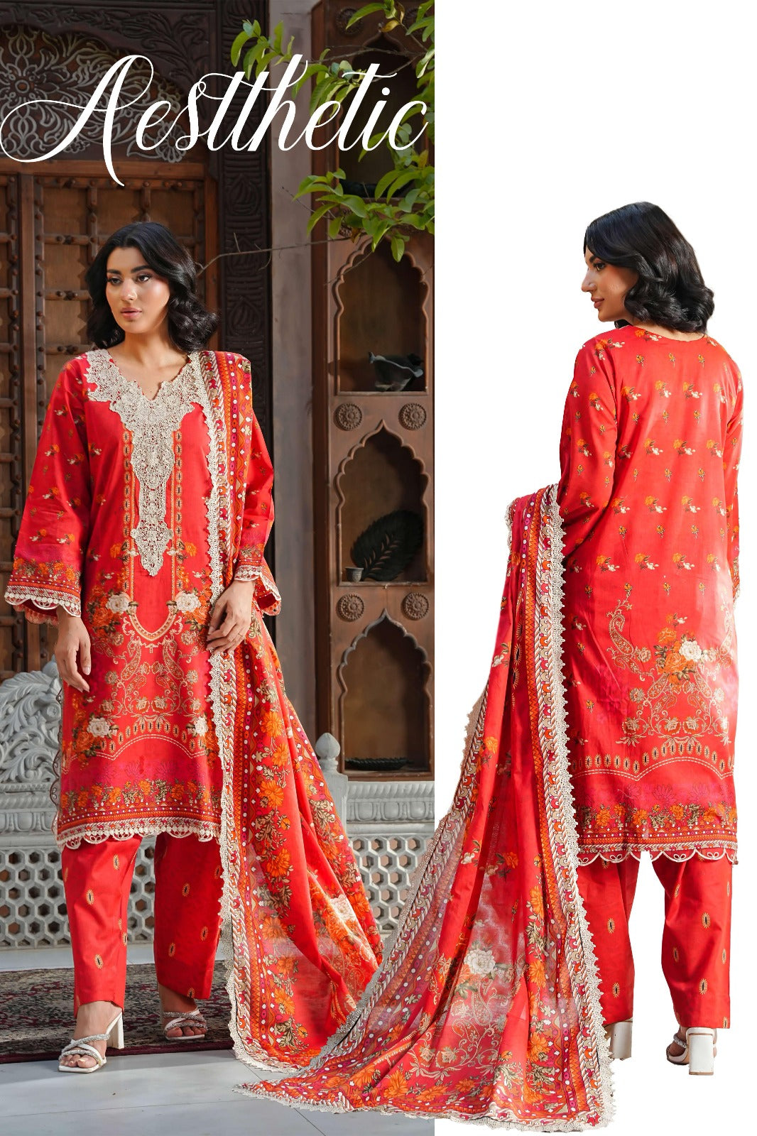 SHANSHE Monsoon Collection –  3-Piece Ready-to-Wear Suit Red Orange