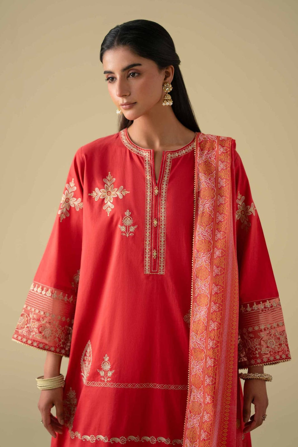 NISHAT Linen Ready-to-Wear 2-Piece Printed Embroidered Shirt & Dupatta – Red