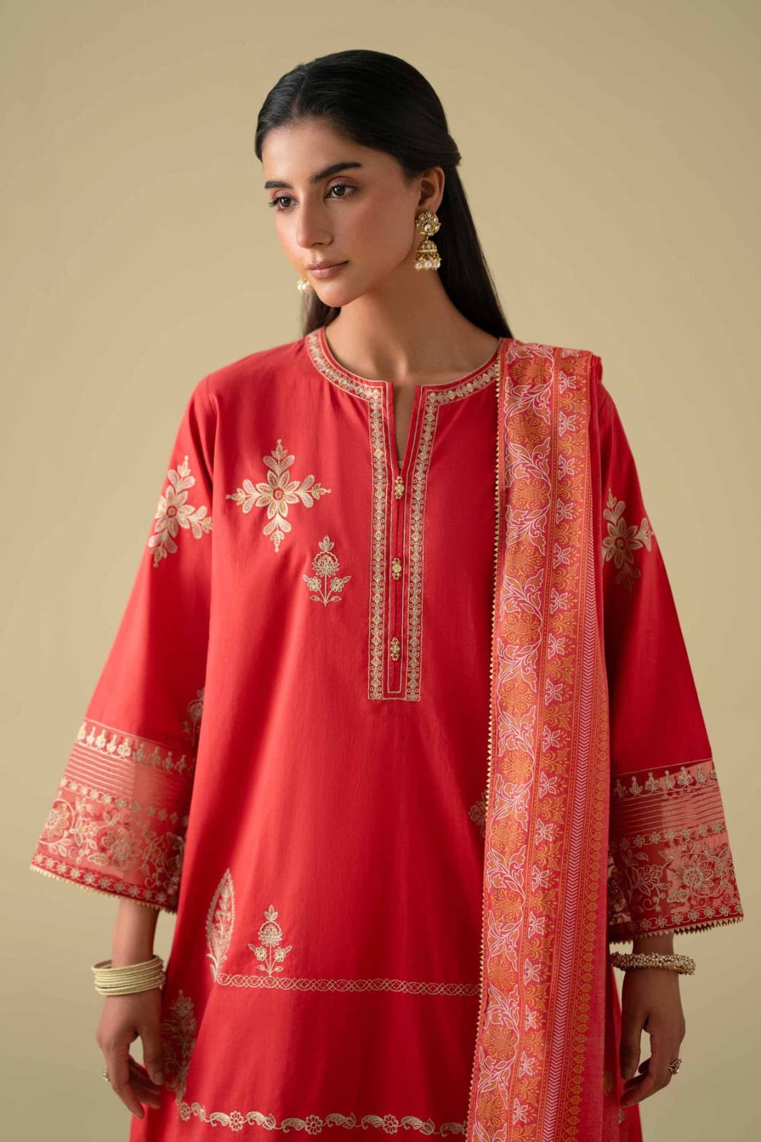 NISHAT Linen Ready-to-Wear 2-Piece Printed Embroidered Shirt & Dupatta – Red