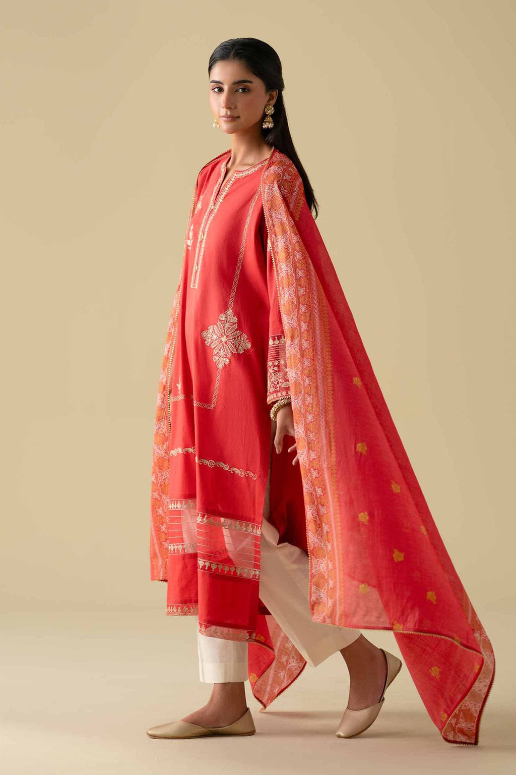 NISHAT Linen Ready-to-Wear 2-Piece Printed Embroidered Shirt & Dupatta – Red