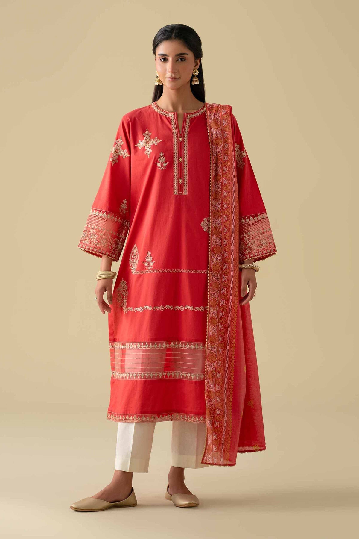 NISHAT Linen Ready-to-Wear 2-Piece Printed Embroidered Shirt & Dupatta – Red