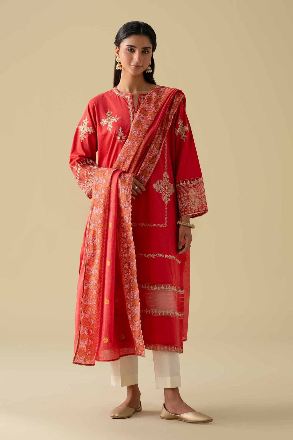 NISHAT Linen Ready-to-Wear 2-Piece Printed Embroidered Shirt & Dupatta – Red