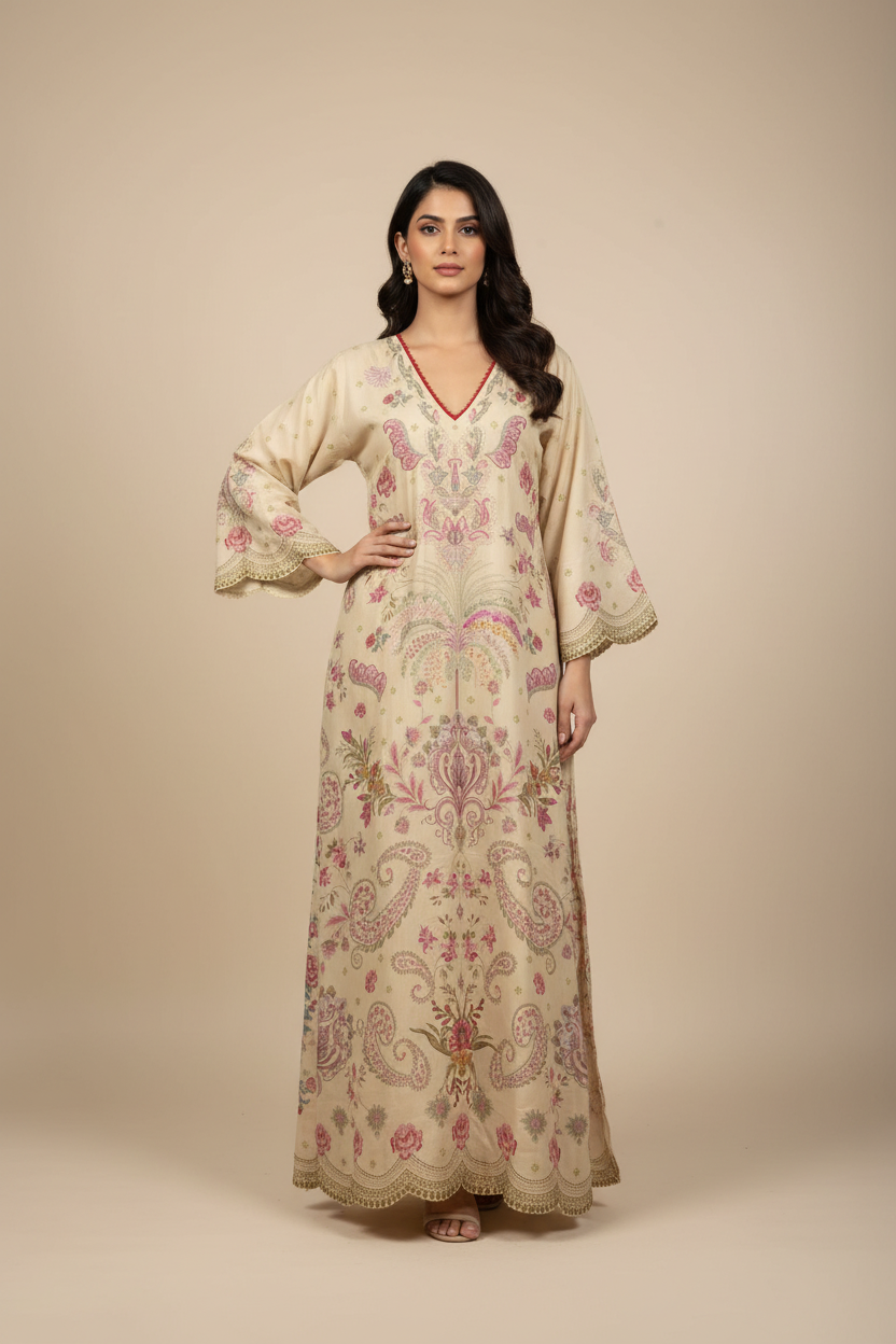ETHNC Printed Floral Embroidered Long-Line Kaftan Dress - Cream Beige