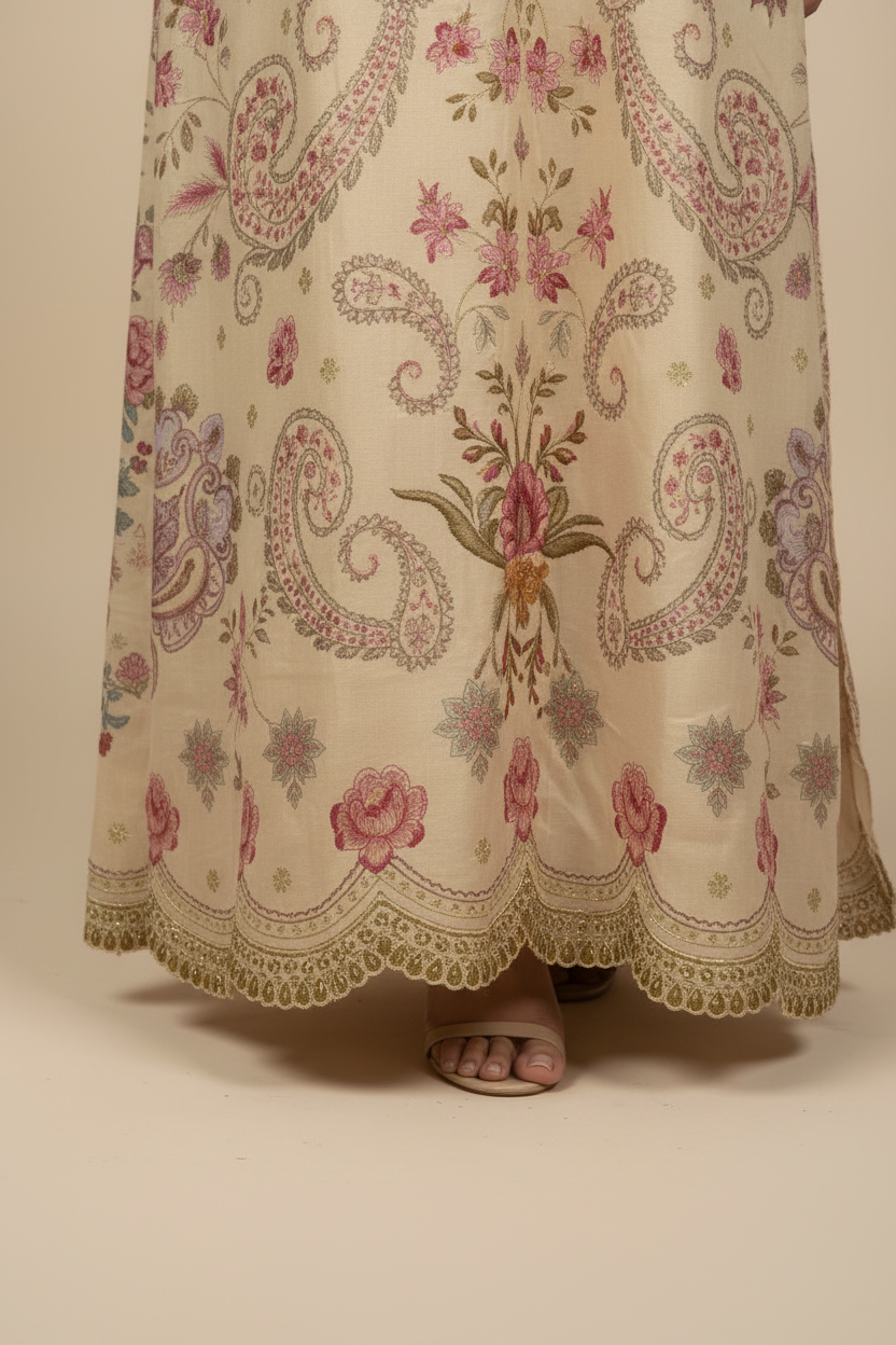 ETHNC Printed Floral Embroidered Long-Line Kaftan Dress - Cream Beige