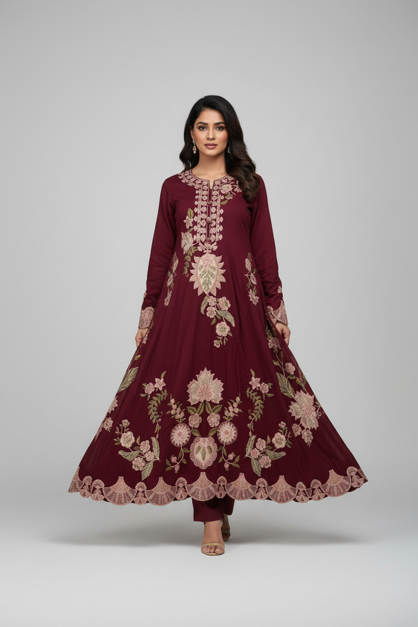 ETHNC Boutique Embroidered 2-Piece Silk Suit with Straight Trousers - Deep Maroon