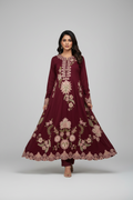 ETHNC Boutique Embroidered 2-Piece Silk Suit with Straight Trousers - Deep Maroon
