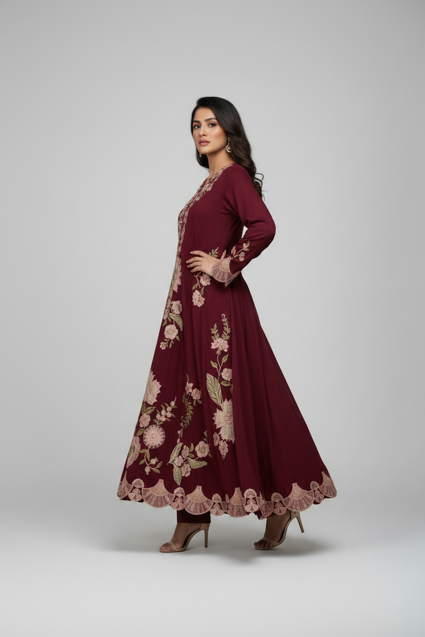 ETHNC Boutique Embroidered 2-Piece Silk Suit with Straight Trousers - Deep Maroon