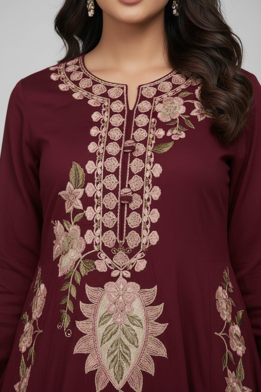 ETHNC Boutique Embroidered 2-Piece Silk Suit with Straight Trousers - Deep Maroon