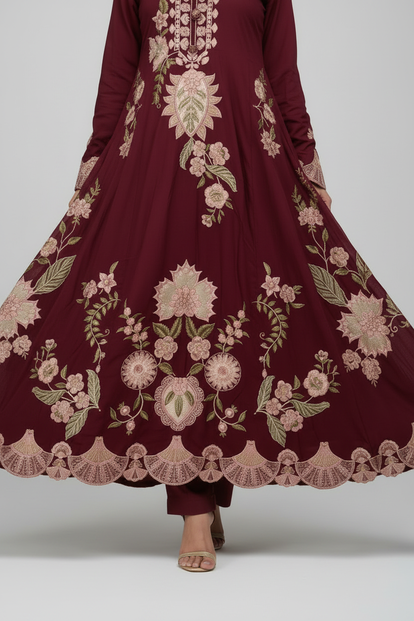 ETHNC Boutique Embroidered 2-Piece Silk Suit with Straight Trousers - Deep Maroon